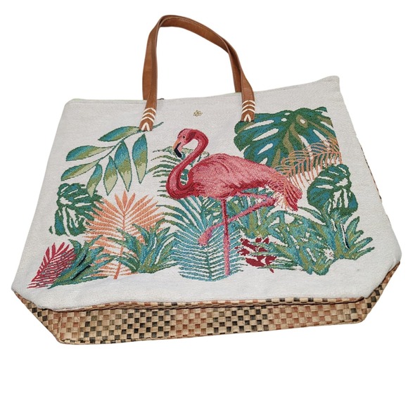 Cappelli Flamingo Tapestry/Straw Tote Shoulder Bag ZipClosure Vacay Beach Resort - Picture 4 of 11